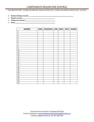 CAMPEONATO REGION SUR CENTRAL
12 de Agosto del 2018 – Complejo Raul Mercado, Parque Los Trillizos, Carr. 725 Bo. Llanos Ad...