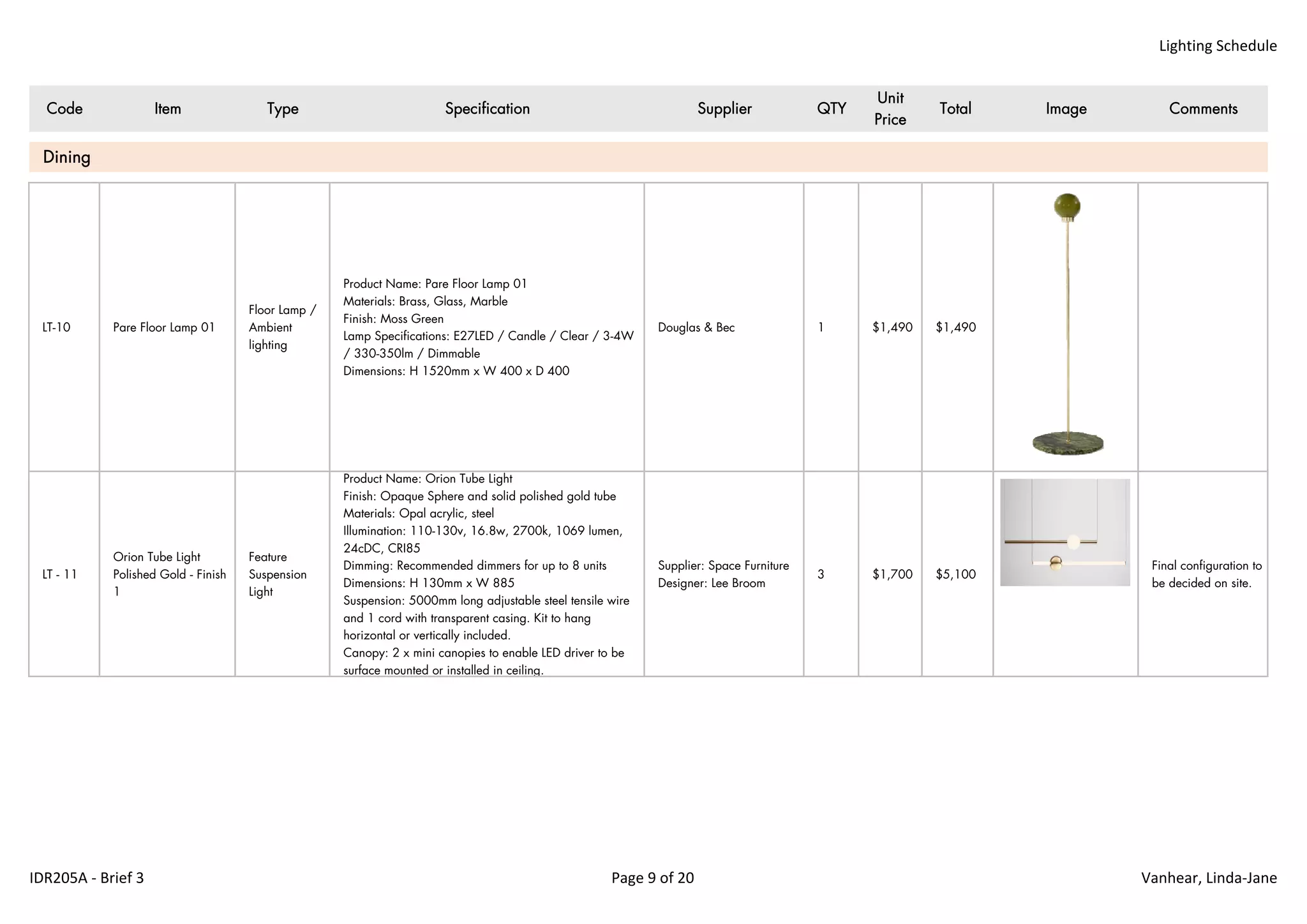 Lighting Schedule
Code Item Type Specification Supplier QTY
Unit
Price
Total Image Comments
LT-10 Pare Floor Lamp 01
Floor Lamp /
Ambient
lighting
Product Name: Pare Floor Lamp 01
Materials: Brass, Glass, Marble
Finish: Moss Green
Lamp Specifications: E27LED / Candle / Clear / 3-4W
/ 330-350lm / Dimmable
Dimensions: H 1520mm x W 400 x D 400
Douglas & Bec 1 $1,490 $1,490
LT - 11
Orion Tube Light
Polished Gold - Finish
1
Feature
Suspension
Light
Product Name: Orion Tube Light
Finish: Opaque Sphere and solid polished gold tube
Materials: Opal acrylic, steel
Illumination: 110-130v, 16.8w, 2700k, 1069 lumen,
24cDC, CRI85
Dimming: Recommended dimmers for up to 8 units
Dimensions: H 130mm x W 885
Suspension: 5000mm long adjustable steel tensile wire
and 1 cord with transparent casing. Kit to hang
horizontal or vertically included.
Canopy: 2 x mini canopies to enable LED driver to be
surface mounted or installed in ceiling.
Supplier: Space Furniture
Designer: Lee Broom
3 $1,700 $5,100
Final configuration to
be decided on site.
Dining
IDR205A ‐ Brief 3 Page 9 of 20 Vanhear, Linda‐Jane
 