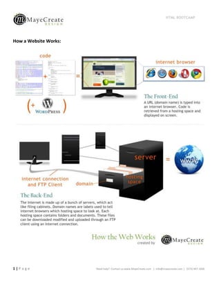 HTML BOOTCAMP




How a Website Works:




1|Page                 Need help? Contact us:www.MayeCreate.com | info@mayecreate.com | (573) 447-1836
 