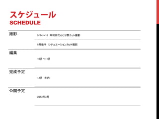 スケジュール
SCHEDULE	

撮影	
     9/14   16 岸和田だんじり祭カット撮影	


         9月後半 シチュエーションカット撮影	


編集	
         10月    11月	




完成予定	
         12月 年内	




公開予定	
         2013年3月	
 