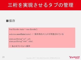 Copyrig ht © 2017 Yahoo Japan Corporation. All Rig hts Reserved.
三桁を実現させるタブの管理
20
final Bundle state = new Bundle();
webview.saveState(state); // 保存用のメソッドが用意されている
state.putString(“url”, url);
state.putString(“title”, title);
// あとはファイルへ保存
■保存
 