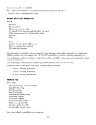 Spread remaining Salsa on top of loaf.
Bake 1 hour or until temperature on meat thermometer inserted in center reaches 160° F.
Let meatloaf stand 10 minutes for easier slicing.

Sweet and Sour Meatballs
Mike B
Meatballs
1 lb. ground beef
1/2 cup seasoned bread crumbs
1/4 cup milk (or 1/8 cup evaporated milk and 1/8 cup water)
2 Tbsp chopped onion (or 2 Tbsp freeze-dried onion)
1 tsp salt
1 egg
Sauce
16 oz can Contadina Sweet and Sour sauce
20 oz can pineapple chunks, drained
14.5 oz can diced tomatoes
Mix all ingredients for meatballs except the ground beef. Allow the liquid to be completely absorbed by the bread crumbs.
Add the ground beef and mix throughly. Make 1 1/4" to 1 1/2" meatballs from the mixture and place in the dutch oven.
Cook at 350 degrees until the meatballs are completely brown. Drain and add the tomatoes, pineapple chunks and sweet and
sour sauce, in that order.
Cook at 350 degrees until entire mixture is bubbling, about 30-35 minutes. Serve over rice or noodles.
Temperature Note: for a 350 degree oven, use the following number of briquettes:
•

10" oven – 14 on top, 6 on bottom

•

12" oven – 16 on top, 8 on bottom

•

14" oven – 18 on top, 10 on bottom

Tamale Pie
Thruwurkin
2 lb Ground Turkey, Chicken or Lean Beef
1 pkg Chile Seasoning
1 can Tomato Sauce
1 can Corn, drained
1 small can Black Beans, rinsed
1 cup Onion, chopped
1 cup Celery, chopped
1 cup Green Pepper, chopped
1 12oz can Evaporated Milk
1 box Corn Muffin Mix (Jiffy)
1 cup Shredded Cheddar Cheese
Brown Meat in Dutch oven and drain any excess grease.

293

 