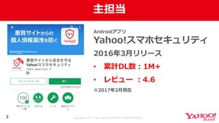 Copyright © 2017 Yahoo Japan Corporation. All Rights Reserved.
主担当
3
Androidアプリ
Yahoo!スマホセキュリティ
2016年3⽉リリース
• 累計DL数：1M+
• レビュー ：4.6
※2017年2⽉現在
 