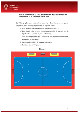 49
Anexo III – Definição da Zona Reservada aos Agentes Desportivos
(alterado pelo C.O. nº 356 de 30 de abril de 2014)
Os Clubes propõem para cada recinto desportivo a Zona Reservada aos Agentes
Desportivos, e que deve incluir, pelo menos, as seguintes zonas:
a) Zona representada no Anexo II deste Regulamento (Figura 1);
b) Zona situada entre as linhas exteriores da superfície de jogo e a área de
ligação entre a superfície de jogo e os balneários;
c) Zona de corredores de acesso à superfície de jogo, aos balneários dos Clubes
e da Equipa de Arbitragem;
d) Balneários dos Clubes e da Equipa de Arbitragem;
e) Sala de controlo antidopagem.
Figura 1
 