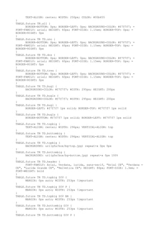 TEXT-ALIGN: center; WIDTH: 250px; COLOR: #00b455
}
TABLE.future TR.all {
      BORDER-BOTTOM: 0px; BORDER-LEFT: 0px; BACKGROUND-COLOR: #f7f7f7; =
FONT-FAMILY: arial; HEIGHT: 60px; FONT-SIZE: 1.15em; BORDER-TOP: 0px; =
BORDER-RIGHT: 0px
}
TABLE.future TR TD.uno {
      BORDER-BOTTOM: 0px; BORDER-LEFT: 0px; BACKGROUND-COLOR: #f7f7f7; =
FONT-FAMILY: arial; HEIGHT: 60px; FONT-SIZE: 1.15em; BORDER-TOP: 0px; =
BORDER-RIGHT: 0px
}
TABLE.future TR TD.dos {
      BORDER-BOTTOM: 0px; BORDER-LEFT: 0px; BACKGROUND-COLOR: #f7f7f7; =
FONT-FAMILY: arial; HEIGHT: 60px; FONT-SIZE: 1.15em; BORDER-TOP: 0px; =
BORDER-RIGHT: 0px
}
TABLE.future TR TD.tres {
      BORDER-BOTTOM: 0px; BORDER-LEFT: 0px; BACKGROUND-COLOR: #f7f7f7; =
FONT-FAMILY: arial; HEIGHT: 60px; FONT-SIZE: 1.15em; BORDER-TOP: 0px; =
BORDER-RIGHT: 0px
}
TABLE.future TR TD.bugl {
      BACKGROUND-COLOR: #f7f7f7; WIDTH: 295px; HEIGHT: 200px
}
TABLE.future TR TD.bugls {
      BACKGROUND-COLOR: #f7f7f7; WIDTH: 295px; HEIGHT: 200px
}
TABLE.future TR TD.bugl {
      BORDER-LEFT: #f7f7f7 1px solid; BORDER-TOP: #f7f7f7 1px solid
}
TABLE.future TR TD.bugls {
      BORDER-BOTTOM: #f7f7f7 1px solid; BORDER-LEFT: #f7f7f7 1px solid
}
TABLE.future TR TD.topbig {
      TEXT-ALIGN: center; WIDTH: 296px; VERTICAL-ALIGN: top
}
TABLE.future TR TD.bottombig {
      TEXT-ALIGN: center; WIDTH: 296px; VERTICAL-ALIGN: top
}
TABLE.future TR TD.topbig {
      BACKGROUND: url(gfx/box/bg-top.jpg) repeat-x 0px 0px
}
TABLE.future TR TD.bottombig {
      BACKGROUND: url(gfx/box/bg-bottom.jpg) repeat-x 0px 100%
}
TABLE.future TR TD.header {
      FONT-FAMILY: Arial, Verdana, lucida, sans-serif, "Arial CE", "Verdana =
CE", "Lucida Grande CE", "Helvetica CE"; HEIGHT: 80px; FONT-SIZE: 1.3em; =
FONT-WEIGHT: bold
}
TABLE.future TR TD.topbig DIV {
      MARGIN: 0px auto; WIDTH: 253px !important
}
TABLE.future TR TD.topbig DIV P {
      MARGIN: 0px auto; WIDTH: 253px !important
}
TABLE.future TR TD.topbig DIV BR {
      MARGIN: 0px auto; WIDTH: 253px !important
}
TABLE.future TR TD.bottombig DIV {
      MARGIN: 0px auto; WIDTH: 253px !important
}
TABLE.future TR TD.bottombig DIV P {
 
