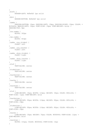}
.bleft {
      BORDER-LEFT: #d9e6df 1px solid
}
.bbot {
      BORDER-BOTTOM: #d9e6df 1px solid
}
.nambe {
      PADDING-BOTTOM: 10px; PADDING-LEFT: 10px; PADDING-RIGHT: 10px; COLOR: =
#206d36; MARGIN-LEFT: 10px; FONT-SIZE: 10px; FONT-WEIGHT: bold; =
PADDING-TOP: 8px
}
.one.nambe {
      WIDTH: 362px
}
.two.nambe {
      WIDTH: 443px
}
.nambe .una_student {
      FLOAT: left
}
.nambe .una_teacher {
      FLOAT: left
}
.nambe .dosa_student {
      FLOAT: right
}
.nambe .dosa_teacher {
      FLOAT: right
}
.stud {
      TEXT-ALIGN: center
}
.studentnum {
      TEXT-ALIGN: center
}
.teachernum {
      TEXT-ALIGN: center
}
.teachx {
      TEXT-ALIGN: center
}
.teachnum {
      TEXT-ALIGN: center
}
.stud {
      LINE-HEIGHT: 35px; WIDTH: 116px; HEIGHT: 35px; COLOR: #00cc66; =
FONT-SIZE: 11px; FONT-WEIGHT: bold
}
.teachernum {
      LINE-HEIGHT: 80px; WIDTH: 116px; HEIGHT: 80px; COLOR: #00cc66; =
FONT-SIZE: 29px
}
.studentnum {
      LINE-HEIGHT: 80px; WIDTH: 116px; HEIGHT: 80px; COLOR: #00cc66; =
FONT-SIZE: 29px
}
.teachx {
      LINE-HEIGHT: 35px; HEIGHT: 35px; COLOR: #666666; FONT-SIZE: 11px; =
FONT-WEIGHT: bold
}
.teachnum {
      WIDTH: 101px; COLOR: #666666; FONT-SIZE: 15px
}
 