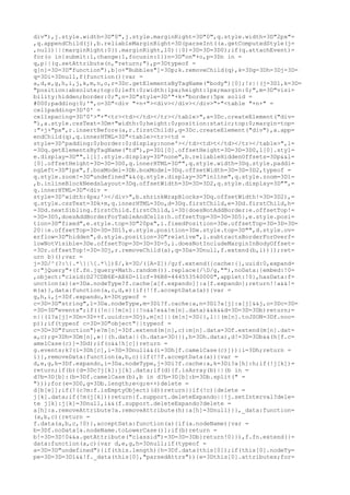 div"),j.style.width=3D"0",j.style.marginRight=3D"0",q.style.width=3D"2px"=
,q.appendChild(j),b.reliableMarginRight=3D(parseInt((a.getComputedStyle(j=
,null)||{marginRight:0}).marginRight,10)||0)=3D=3D=3D0);if(q.attachEvent)=
for(o in{submit:1,change:1,focusin:1})n=3D"on"+o,p=3Dn in =
q,p||(q.setAttribute(n,"return;"),p=3Dtypeof =
q[n]=3D=3D"function"),b[o+"Bubbles"]=3Dp;k.removeChild(q),k=3Dg=3Dh=3Dj=3D=
q=3Di=3Dnull,f(function(){var =
a,d,e,g,h,i,j,k,m,n,o,r=3Dc.getElementsByTagName("body")[0];!r||(j=3D1,k=3D=
"position:absolute;top:0;left:0;width:1px;height:1px;margin:0;",m=3D"visi=
bility:hidden;border:0;",n=3D"style=3D'"+k+"border:5px solid =
#000;padding:0;'",o=3D"<div "+n+"><div></div></div>"+"<table "+n+" =
cellpadding=3D'0' =
cellspacing=3D'0'>"+"<tr><td></td></tr></table>",a=3Dc.createElement("div=
"),a.style.cssText=3Dm+"width:0;height:0;position:static;top:0;margin-top=
:"+j+"px",r.insertBefore(a,r.firstChild),q=3Dc.createElement("div"),a.app=
endChild(q),q.innerHTML=3D"<table><tr><td =
style=3D'padding:0;border:0;display:none'></td><td>t</td></tr></table>",l=
=3Dq.getElementsByTagName("td"),p=3Dl[0].offsetHeight=3D=3D=3D0,l[0].styl=
e.display=3D"",l[1].style.display=3D"none",b.reliableHiddenOffsets=3Dp&&l=
[0].offsetHeight=3D=3D=3D0,q.innerHTML=3D"",q.style.width=3Dq.style.paddi=
ngLeft=3D"1px",f.boxModel=3Db.boxModel=3Dq.offsetWidth=3D=3D=3D2,typeof =
q.style.zoom!=3D"undefined"&&(q.style.display=3D"inline",q.style.zoom=3D1=
,b.inlineBlockNeedsLayout=3Dq.offsetWidth=3D=3D=3D2,q.style.display=3D"",=
q.innerHTML=3D"<div =
style=3D'width:4px;'></div>",b.shrinkWrapBlocks=3Dq.offsetWidth!=3D=3D2),=
q.style.cssText=3Dk+m,q.innerHTML=3Do,d=3Dq.firstChild,e=3Dd.firstChild,h=
=3Dd.nextSibling.firstChild.firstChild,i=3D{doesNotAddBorder:e.offsetTop!=
=3D=3D5,doesAddBorderForTableAndCells:h.offsetTop=3D=3D=3D5},e.style.posi=
tion=3D"fixed",e.style.top=3D"20px",i.fixedPosition=3De.offsetTop=3D=3D=3D=
20||e.offsetTop=3D=3D=3D15,e.style.position=3De.style.top=3D"",d.style.ov=
erflow=3D"hidden",d.style.position=3D"relative",i.subtractsBorderForOverf=
lowNotVisible=3De.offsetTop=3D=3D=3D-5,i.doesNotIncludeMarginInBodyOffset=
=3Dr.offsetTop!=3D=3Dj,r.removeChild(a),q=3Da=3Dnull,f.extend(b,i))});ret=
urn b}();var =
j=3D/^(?:{.*}|[.*])$/,k=3D/([A-Z])/g;f.extend({cache:{},uuid:0,expand=
o:"jQuery"+(f.fn.jquery+Math.random()).replace(/D/g,""),noData:{embed:!0=
,object:"clsid:D27CDB6E-AE6D-11cf-96B8-444553540000",applet:!0},hasData:f=
unction(a){a=3Da.nodeType?f.cache[a[f.expando]]:a[f.expando];return!!a&&!=
m(a)},data:function(a,c,d,e){if(!!f.acceptData(a)){var =
g,h,i,j=3Df.expando,k=3Dtypeof =
c=3D=3D"string",l=3Da.nodeType,m=3Dl?f.cache:a,n=3Dl?a[j]:a[j]&&j,o=3Dc=3D=
=3D=3D"events";if((!n||!m[n]||!o&&!e&&!m[n].data)&&k&&d=3D=3D=3Db)return;=
n||(l?a[j]=3Dn=3D++f.uuid:n=3Dj),m[n]||(m[n]=3D{},l||(m[n].toJSON=3Df.noo=
p));if(typeof c=3D=3D"object"||typeof =
c=3D=3D"function")e?m[n]=3Df.extend(m[n],c):m[n].data=3Df.extend(m[n].dat=
a,c);g=3Dh=3Dm[n],e||(h.data||(h.data=3D{}),h=3Dh.data),d!=3D=3Db&&(h[f.c=
amelCase(c)]=3Dd);if(o&&!h[c])return =
g.events;k?(i=3Dh[c],i=3D=3Dnull&&(i=3Dh[f.camelCase(c)])):i=3Dh;return =
i}},removeData:function(a,b,c){if(!!f.acceptData(a)){var =
d,e,g,h=3Df.expando,i=3Da.nodeType,j=3Di?f.cache:a,k=3Di?a[h]:h;if(!j[k])=
return;if(b){d=3Dc?j[k]:j[k].data;if(d){f.isArray(b)||(b in =
d?b=3D[b]:(b=3Df.camelCase(b),b in d?b=3D[b]:b=3Db.split(" =
")));for(e=3D0,g=3Db.length;e<g;e++)delete =
d[b[e]];if(!(c?m:f.isEmptyObject)(d))return}}if(!c){delete =
j[k].data;if(!m(j[k]))return}f.support.deleteExpando||!j.setInterval?dele=
te j[k]:j[k]=3Dnull,i&&(f.support.deleteExpando?delete =
a[h]:a.removeAttribute?a.removeAttribute(h):a[h]=3Dnull)}},_data:function=
(a,b,c){return =
f.data(a,b,c,!0)},acceptData:function(a){if(a.nodeName){var =
b=3Df.noData[a.nodeName.toLowerCase()];if(b)return =
b!=3D=3D!0&&a.getAttribute("classid")=3D=3D=3Db}return!0}}),f.fn.extend({=
data:function(a,c){var d,e,g,h=3Dnull;if(typeof =
a=3D=3D"undefined"){if(this.length){h=3Df.data(this[0]);if(this[0].nodeTy=
pe=3D=3D=3D1&&!f._data(this[0],"parsedAttrs")){e=3Dthis[0].attributes;for=
 