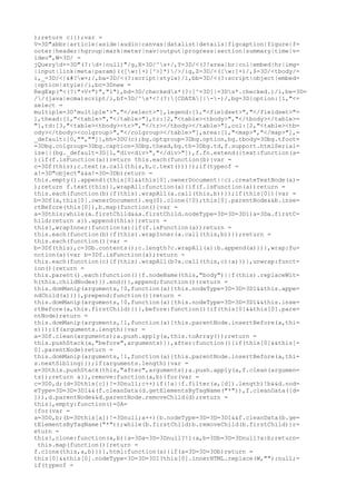 );return c}});var =
V=3D"abbr|article|aside|audio|canvas|datalist|details|figcaption|figure|f=
ooter|header|hgroup|mark|meter|nav|output|progress|section|summary|time|v=
ideo",W=3D/ =
jQueryd+=3D"(?:d+|null)"/g,X=3D/^s+/,Y=3D/<(?!area|br|col|embed|hr|img=
|input|link|meta|param)(([w:]+)[^>]*)/>/ig,Z=3D/<([w:]+)/,$=3D/<tbody/=
i,_=3D/<|&#?w+;/,ba=3D/<(?:script|style)/i,bb=3D/<(?:script|object|embed=
|option|style)/i,bc=3Dnew =
RegExp("<(?:"+V+")","i"),bd=3D/checkeds*(?:[^=3D]|=3Ds*.checked.)/i,be=3D=
//(java|ecma)script/i,bf=3D/^s*<!(?:[CDATA[|--)/,bg=3D{option:[1,"<=
select =
multiple=3D'multiple'>","</select>"],legend:[1,"<fieldset>","</fieldset>"=
],thead:[1,"<table>","</table>"],tr:[2,"<table><tbody>","</tbody></table>=
"],td:[3,"<table><tbody><tr>","</tr></tbody></table>"],col:[2,"<table><tb=
ody></tbody><colgroup>","</colgroup></table>"],area:[1,"<map>","</map>"],=
_default:[0,"",""]},bh=3DU(c);bg.optgroup=3Dbg.option,bg.tbody=3Dbg.tfoot=
=3Dbg.colgroup=3Dbg.caption=3Dbg.thead,bg.th=3Dbg.td,f.support.htmlSerial=
ize||(bg._default=3D[1,"div<div>","</div>"]),f.fn.extend({text:function(a=
){if(f.isFunction(a))return this.each(function(b){var =
c=3Df(this);c.text(a.call(this,b,c.text()))});if(typeof =
a!=3D"object"&&a!=3D=3Db)return =
this.empty().append((this[0]&&this[0].ownerDocument||c).createTextNode(a)=
);return f.text(this)},wrapAll:function(a){if(f.isFunction(a))return =
this.each(function(b){f(this).wrapAll(a.call(this,b))});if(this[0]){var =
b=3Df(a,this[0].ownerDocument).eq(0).clone(!0);this[0].parentNode&&b.inse=
rtBefore(this[0]),b.map(function(){var =
a=3Dthis;while(a.firstChild&&a.firstChild.nodeType=3D=3D=3D1)a=3Da.firstC=
hild;return a}).append(this)}return =
this},wrapInner:function(a){if(f.isFunction(a))return =
this.each(function(b){f(this).wrapInner(a.call(this,b))});return =
this.each(function(){var =
b=3Df(this),c=3Db.contents();c.length?c.wrapAll(a):b.append(a)})},wrap:fu=
nction(a){var b=3Df.isFunction(a);return =
this.each(function(c){f(this).wrapAll(b?a.call(this,c):a)})},unwrap:funct=
ion(){return =
this.parent().each(function(){f.nodeName(this,"body")||f(this).replaceWit=
h(this.childNodes)}).end()},append:function(){return =
this.domManip(arguments,!0,function(a){this.nodeType=3D=3D=3D1&&this.appe=
ndChild(a)})},prepend:function(){return =
this.domManip(arguments,!0,function(a){this.nodeType=3D=3D=3D1&&this.inse=
rtBefore(a,this.firstChild)})},before:function(){if(this[0]&&this[0].pare=
ntNode)return =
this.domManip(arguments,!1,function(a){this.parentNode.insertBefore(a,thi=
s)});if(arguments.length){var =
a=3Df.clean(arguments);a.push.apply(a,this.toArray());return =
this.pushStack(a,"before",arguments)}},after:function(){if(this[0]&&this[=
0].parentNode)return =
this.domManip(arguments,!1,function(a){this.parentNode.insertBefore(a,thi=
s.nextSibling)});if(arguments.length){var =
a=3Dthis.pushStack(this,"after",arguments);a.push.apply(a,f.clean(argumen=
ts));return a}},remove:function(a,b){for(var =
c=3D0,d;(d=3Dthis[c])!=3Dnull;c++)if(!a||f.filter(a,[d]).length)!b&&d.nod=
eType=3D=3D=3D1&&(f.cleanData(d.getElementsByTagName("*")),f.cleanData([d=
])),d.parentNode&&d.parentNode.removeChild(d);return =
this},empty:function()=0A=
{for(var =
a=3D0,b;(b=3Dthis[a])!=3Dnull;a++){b.nodeType=3D=3D=3D1&&f.cleanData(b.ge=
tElementsByTagName("*"));while(b.firstChild)b.removeChild(b.firstChild)}r=
eturn =
this},clone:function(a,b){a=3Da=3D=3Dnull?!1:a,b=3Db=3D=3Dnull?a:b;return=
 this.map(function(){return =
f.clone(this,a,b)})},html:function(a){if(a=3D=3D=3Db)return =
this[0]&&this[0].nodeType=3D=3D=3D1?this[0].innerHTML.replace(W,""):null;=
if(typeof =
 