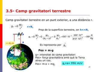 23
3.5- Camp gravitatori terrestre
Camp gravitatori terrestre en un punt exterior, a una distància r.
r = RT+h
P
A
h
RT
r
M
Gg T
T 2
=
( ) Kg
N
R
M
G
hR
M
G
r
M
Gg
T
T
T
TT
T 81'9
1037'6
1097'5
1067'6
)( 26
24
11
222
=
⋅
⋅
⋅==
+
== −
r>RT
Pes = m·g
g= intensitat de camp gravitatori
Pes= força gravitatòria amb què la Terra
atrau un cos.
Prop de la superfície terrestre, on h<<RT
Es representa per
→
og
Pes= m·a = mgo
go=a= 9’81 m/s2
 