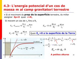 30
• Si el moviment és prop de la superfície terrestre, és millor
assignar Ep=0 quan r=RT
Si movem un cos de rA fins a RT
A
T
T
T
ppA
r
mM
G
R
mM
GEE −=− superfície
A
T
T
pA
r
mM
G
R
mM
GE
T
−=− 0
r
mM
G
R
mM
GE
TT
T
p −= Quan Ep =0 a la superfície de la Terra
TRr ≅
hgmE op ⋅⋅=
A petites altures
4.3- L’energia potencial d’un cos de
massa m al camp gravitatori terrestre
hmg
r
R
hmg
rR
h
mRg
rR
Rr
mMGE o
T
o
T
To
T
T
Tp ===




 −
= 2
2
ToT RgGM =2
T
T
o
R
M
Gg =
 