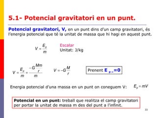 33
5.1- Potencial gravitatori en un punt.
m
E
V p
=
mVEp =
m
r
Mm
G
m
E
V p
−
== r
M
GV −=
Potencial gravitatori, V, en un punt dins d’un camp gravitatori, és
l’energia potencial que té la unitat de massa que hi hagi en aquest punt.
Escalar
Unitat: J/kg
Energia potencial d’una massa en un punt on coneguem V:
Prenent E p ∞=0
Potencial en un punt: treball que realitza el camp gravitatori
per portar la unitat de massa m des del punt a l’infinit.
 