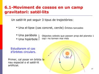 37
6.1-Moviment de cossos en un camp
gravitatori: satèl·lits
Un satèl·lit pot seguir 3 tipus de trajectòries:
 Una el·lipse (cas concret, cercle) Òrbites tancades
 Una paràbola
 Una hipèrbole
Sol
Estudiarem el cas
d’òrbites circulars.
Objectes celests que passen prop del planeta 1
cop i no tornen mai més
Primer, cal posar en òrbita la
nau espacial o el satèl·lit
artificial.
 