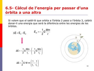 43
23 EEE −=∆
6.5- Càlcul de l’energia per passar d’una
òrbita a una altra
Si volem que el satèl·lit que orbita a l’òrbita 2 passi a l’òrbita 3, caldrà
donar-li una energia que serà la diferència entre les energies de les
òrbites.






−−−=
23 r
Mm
G
2
1
r
Mm
G
2
1
ΔE






−⋅⋅⋅=
32 r
1
r
1
mMG
2
1
ΔE
r
Mm
GEm
2
1
−=
 