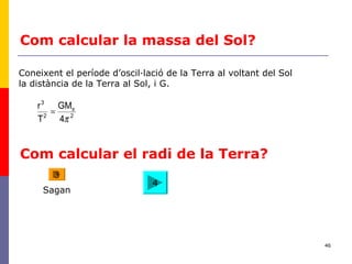46
Com calcular la massa del Sol?
22
3
4
GM
T
r
π
s
=
Coneixent el període d’oscil·lació de la Terra al voltant del Sol
la distància de la Terra al Sol, i G.
Com calcular el radi de la Terra?
4
3
Sagan
 