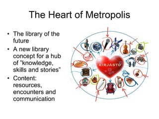 The Heart of Metropolis The library of the future A new library concept for a hub of ”knowledge, skills and stories”  Content: resources, encounters and communication 