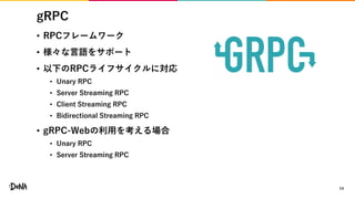 gRPC
• RPCフレームワーク
• 様々な言語をサポート
• 以下のRPCライフサイクルに対応
• Unary RPC
• Server Streaming RPC
• Client Streaming RPC
• Bidirectional Streaming RPC
• gRPC-Webの利用を考える場合
• Unary RPC
• Server Streaming RPC
14
 