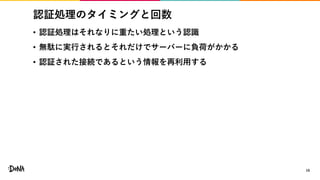 認証処理のタイミングと回数
• 認証処理はそれなりに重たい処理という認識
• 無駄に実行されるとそれだけでサーバーに負荷がかかる
• 認証された接続であるという情報を再利用する
16
 