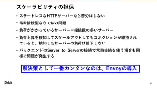 スケーラビリティの担保
• ステートレスなHTTPサーバーなら苦労はしない
• 常時接続型ならではの問題
• 負荷がかかっているサーバー＝接続数の多いサーバー
• 負荷上昇を検知してスケールアウトしてもコネクションが維持され
ていると、検知したサーバーの負荷は低下しない
• バックエンドのServer to Serverの接続で常時接続を使う場合も同
様の問題が発生する
27
解決策として一番カンタンなのは、Envoyの導入
 
