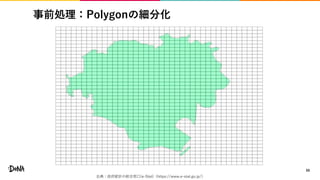 事前処理：Polygonの細分化
50
出典：政府統計の総合窓口(e-Stat)（https://www.e-stat.go.jp/）
 
