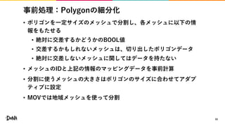 事前処理：Polygonの細分化
• ポリゴンを一定サイズのメッシュで分割し、各メッシュに以下の情
報をもたせる
• 絶対に交差するかどうかのBOOL値
• 交差するかもしれないメッシュは、切り出したポリゴンデータ
• 絶対に交差しないメッシュに関してはデータを持たない
• メッシュのIDと上記の情報のマッピングデータを事前計算
• 分割に使うメッシュの大きさはポリゴンのサイズに合わせてアダプ
ティブに設定
• MOVでは地域メッシュを使って分割
55
 