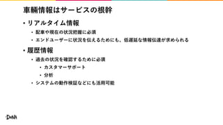 車輛情報はサービスの根幹
• リアルタイム情報
• 配車や現在の状況把握に必須
• エンドユーザーに状況を伝えるためにも、低遅延な情報伝達が求められる
• 履歴情報
• 過去の状況を確認するために必須
• カスタマーサポート
• 分析
• システムの動作検証などにも活用可能
 