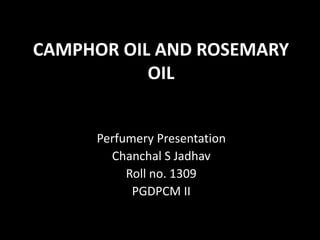 CAMPHOR OIL AND ROSEMARY
OIL
Perfumery Presentation
Chanchal S Jadhav
Roll no. 1309
PGDPCM II
 