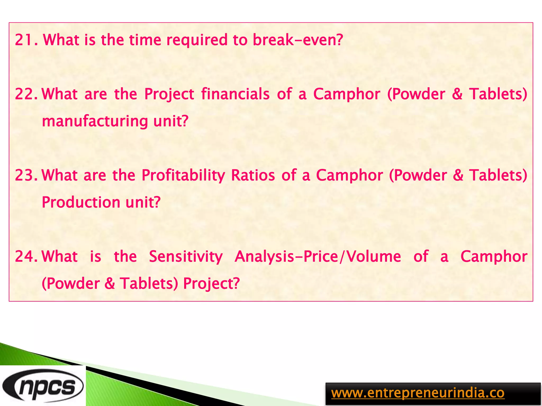 Camphor (Powder & Tablets) - Manufacturing Plant, Detailed Project ...