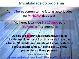 Invisibilidade do problema
As mulheres comunicam o fato às autoridades
na MINORIA das vezes
Mulheres levam de 9 a 10 anos para
“denunciar” as agressões
Os pais são os principais responsáveis pelos
incidentes violentos até os 14 anos de idade das
vítimas. Nas idades iniciais, até os 4 anos, destaca-se
sensivelmente a mãe. A partir dos 10 anos,
prepondera a figura paterna.
Mapa da Violência 2012.
http://mapadaviolencia.org.br/pdf2012/mapa2012_mulher.pdf
 