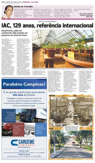R
eferência
internacional, o
Instituto
Agronômico de
Campinas
completou 129 anos
de uma história
construída no avanço
tecnológico e empenho de
pesquisadores
comprometidos com a
inovação no ambiente
agrícola. No IAC trabalham
433 profissionais
considerando as unidades
de outras cidades, entre os
quais 152 pesquisadores,
que só se dedicam a
pesquisas contínuas.
Atualmente, estão em
andamento 282 projetos de
pesquisa em diversas
áreas. Sérgio Augusto
Morais Carbonell,
diretor-geral do Instituto
Agronômico (IAC), diz que
as pesquisas do IAC estão
no dia a dia dos brasileiros,
já que a tecnologia do IAC
está presente em muitos
dos produtos usados no
cotidiano. A lista abrange
café, plantas aromáticas,
roupas de algodão, arroz e
feijão importante dupla no
prato do brasileiro, o suco
de laranja e o etanol. As
pesquisas em
melhoramento vegetal
recebem grande
investimento e somam, ao
longo de 129 anos de
trabalho, a colocação no
mercado de 1039
cultivares, de 99 espécies.
O Instituto Agronômico
(IAC) dedica-se ao
melhoramento genético
convencional de plantas
agrícolas e aos pacotes
tecnológicos que envolvem
essas espécies, desde o
plantio à colheita,
incluindo estudos de solo,
clima, pragas e doenças e
segurança e eficiência na
aplicação de agrotóxicos.
Só no ano passado
foram lançadas 15
cultivares, de milho, milho
pipoca, sorgo vassoura e
plantas ornamentais, além
do registro de um software
e um depósito de patentes.
O trabalho do IAC atraí à
atenção de diversos países
e recebeu, em 2015,
visitantes de 24 países dos
cinco continentes. "Os
pacotes tecnológicos do
Instituto Agronômico estão
em vários estados do Brasil
porque têm eficiência
comprovada nas diferentes
situações de clima, solo e
disponibilidade hídrica
brasileiras. Cultivares de
feijão, trigo, cana, citros e
café, por exemplo,
representam seguramente
o alicerce da agricultura
nacional", diz Carbonell.
Além da sede do IAC com
10 hectares, o Centro
Experimental Central soma
mais 720 hectares, além de
1 mil hectares
considerando a soma das
áreas dos Centros
avançados em Ribeirão
Preto, Cordeirópolis,
Votuporanga e Jundiaí.
Para dar suporte ao
trabalho, o IAC deve
receber até o final do ano,
R$ 2,6 milhões do Tesouro
do Estado de São Paulo, R$
6 milhões do Fundo
Especial de Despesas e R$
25 milhões de agências de
fomento e projetos com a
iniciativa privada.
Para o futuro, Carbonell
diz que o IAC está
realinhando as pesquisas
de acordo com as
demandas. O Instituto vem
investindo nos laboratórios
de referência, como os
Laboratórios de Análise
Física do Solo, Análise de
Fertilizantes e Resíduos,
Análise de Fertilidade do
Solo, Sementes e o
Quarentenário. O Instituto
também está envolvido
com o Agropolo
Campinas-Brasil, com o
objetivo de discutir
estratégias para que os
potenciais agrícolas do
país sejam plenamente
aproveitados sem
prejuízos à
sustentabilidade.
Atualmente, estão em
andamento 282 projetos de
pesquisa em diversas áreas
IAC, 129 anos, referência internacional
HOJE
Nascida em 14 de julho
"Gosto muito da minha cidade.
Pena que a data do
aniversário passe
despercebida porque
resolveram comemorar em 8
de dezembro, dia da
padroeira. Isso causa muita
confusão. Tem gente que nem
se toca que dia 14 de julho é o
dia de Campinas, mas isso
não me impede de sempre
lembrar que é o dia da cidade.
Cresci na região do Taquaral,
quando a lagoa ainda não era
cercada. É um lugar de muitas
recordações e, na minha
opinião, uma das melhores
atrações da cidade porque
reúne opções para todas as
idades."
Maria Antonia Bonareti
Fortunato, nascida em
14/07/1957
ONTEM
O trabalho do Instituto recebeu, em 2015, visitantes de 24 países dos cinco continentes: pesquisas alinhadas de acordo com as demandas
Avenida Salles de Oliveira, na Vila
Industrial, em 1978, imagem do
arquivo CEDOC/Rac, e em foto
atual de Dominique Torquato
INSTITUTO AGRONÔMICO
E14 CORREIO POPULAR CAMPINAS, 242 ANOS
Campinas, quinta-feira, 14 de julho de 2016
 