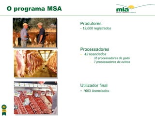 O programa MSA Produtores - 19,000   registrados Processadores 42 licenciados 35 processadores de gado 7 processadores de ovinos Utilizador final -  1603   licenciados 