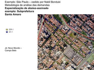 Exemplo: São Paulo – cedido por Nabil Bonduki 
Metodologia de análise das demandas 
Espacialização de abaixo-assinado 
exemplo: Subprefeitura 
Santo Amaro 
Jd. Novo Mundo – 
Campo Belo 
 