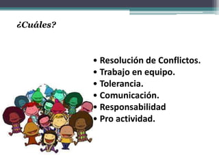 ¿Cuáles?



           • Resolución de Conflictos.
           • Trabajo en equipo.
           • Tolerancia.
           • Comunicación.
           • Responsabilidad
           • Pro actividad.
 