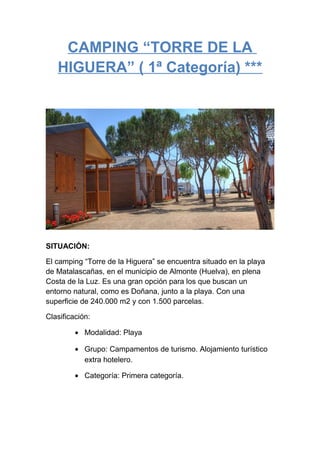 CAMPING “TORRE DE LA
HIGUERA” ( 1ª Categoría) ***

SITUACIÓN:
El camping “Torre de la Higuera” se encuentra situado en la playa
de Matalascañas, en el municipio de Almonte (Huelva), en plena
Costa de la Luz. Es una gran opción para los que buscan un
entorno natural, como es Doñana, junto a la playa. Con una
superficie de 240.000 m2 y con 1.500 parcelas.
Clasificación:
• Modalidad: Playa
• Grupo: Campamentos de turismo. Alojamiento turístico
extra hotelero.
• Categoría: Primera categoría.

 