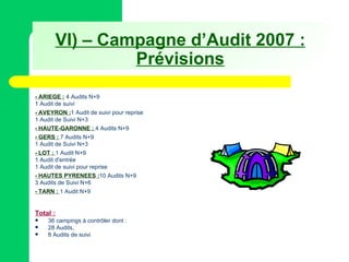 VI) – Campagne d’Audit 2007 : Prévisions - ARIEGE :   4 Audits N+9 1 Audit de suivi - AVEYRON : 1 Audit de suivi pour reprise 1 Audit de Suivi N+3 - HAUTE-GARONNE :   4 Audits N+9 - GERS :   7 Audits N+9 1 Audit de Suivi N+3 - LOT :   1 Audit N+9 1 Audit d'entrée 1 Audit de suivi pour reprise - HAUTES PYRENEES : 10 Audits N+9 3 Audits de Suivi N+6 - TARN :   1 Audit N+9 Total : 36 campings à contrôler dont : 28 Audits, 8 Audits de suivi 