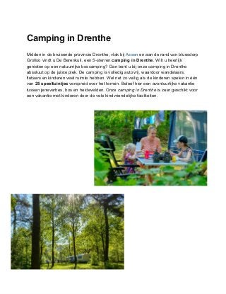 Camping in Drenthe
Midden in de bruisende provincie Drenthe, vlak bij Assen en aan de rand van bluesdorp
Grolloo vindt u De Berenkuil, een 5-sterren camping in Drenthe. Wilt u heerlijk
genieten op een natuurrijke boscamping? Dan bent u bij onze camping in Drenthe
absoluut op de juiste plek. De camping is volledig autovrij, waardoor wandelaars,
fietsers en kinderen veel ruimte hebben. Wel net zo veilig als de kinderen spelen in één
van 25 speeltuintjes verspreid over het terrein. Beleef hier een avontuurlijke vakantie
tussen jeneverbes, bos en heidevelden. Onze camping in Drenthe is zeer geschikt voor
een vakantie met kinderen door de vele kindvriendelijke faciliteiten.
 