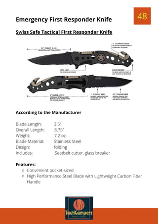 Convenient pocket-sized
High Performance Steel Blade with Lightweight Carbon Fiber
Handle
According to the Manufacturer
 
Blade Length:           3.5”
Overall Length:         8.75”
Weight:                      7.2 oz.
Blade Material:         Stainless Steel
Design:                      folding
Includes:                    Seatbelt cutter, glass breaker
 
Features:
48Emergency First Responder Knife
Swiss Safe Tactical First Responder Knife
 