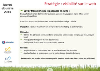 17 
Stratégie : visibilité sur le web Savoir travailler avec les agences en ligne : 
Si vous faites le choix de travailler avec des agences de voyage en ligne, il faut savoir comment les utiliser. 
Il est alors important de mettre en place une réelle stratégie tarifaire. 
Objectif : Garder au maximum son indépendance marketing et commerciale. 
Méthode : Définir des périodes correspondante chacune à un niveau de remplissage (bas, moyen, haut) Politique tarifaire pour chacun des niveaux Politique de distribution pour chacun des niveaux 
Principe : Au plus bas de la saison vous avez le plus besoin des distributeurs Au plus haut de la saison vous avez le moins besoin des distributeurs 
Faites varier vos stocks selon votre capacité à mieux vendre en direct selon les périodes ! 
 