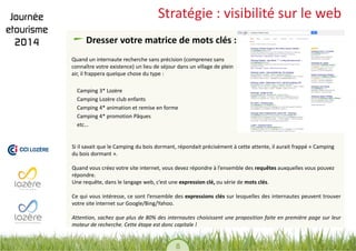 8 
Stratégie : visibilité sur le web Dresser votre matrice de mots clés : 
Quand un internaute recherche sans précision (comprenez sans connaître votre existence) un lieu de séjour dans un village de plein air, il frappera quelque chose du type : 
Camping 3* Lozère 
Camping Lozère club enfants 
Camping 4* animation et remise en forme 
Camping 4* promotion Pâques 
etc… 
Si il savait que le Camping du bois dormant, répondait précisément à cette attente, il aurait frappé « Camping du bois dormant ». 
Quand vous créez votre site internet, vous devez répondre à l’ensemble des requêtes auxquelles vous pouvez répondre. Une requête, dans le langage web, c’est une expression clé, ou série de mots clés. 
Ce qui vous intéresse, ce sont l’ensemble des expressions clés sur lesquelles des internautes peuvent trouver votre site internet sur Google/Bing/Yahoo. 
Attention, sachez que plus de 80% des internautes choisissent une proposition faite en première page sur leur moteur de recherche. Cette étape est donc capitale ! 
 