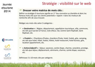 9 
Stratégie : visibilité sur le web Dresser votre matrice de mots clés : 
Définir sa stratégie E-tourisme signifie en 1er lieu connaitre sa clientèle et donc les fameux mots clés que vos clients potentiels « tapent » dans les moteurs de recherche afin de vous trouver. 
Rédigez vos mots clés selon 3 catégories : 
« Destination » : Région, département, appellation touristique, ville, commune, etc tels que Sud de la France, Cote d’Azur, Var, Centre Saint-Raphaël, Saint Raphael, etc. 
« Produit » : Chambres d’hotes, chambre d’hote, hotel, hotels, gite, camping, etc tels que hotel, hôtel, hotels, hôtels, hotel restaurant, hotel bureau, gite, location appartement, etc. 
« Action/adjectif » : Séjour, vacances, soirée étape, charme, caractère, prestige, etc tels que séjour, déplacement, séminaire, charme, soirée étape, vacances, etc. 
Définissez 5 à 10 mots clés par catégorie. 
 