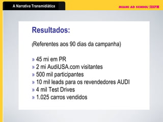 Resultados:  ( Referentes aos 90 dias da campanha) »  45 mi em PR »  2 mi AudiUSA.com visitantes »  500 mil participantes »  10 mil leads para os revendedores AUDI »  4 mil Test Drives »  1.025 carros vendidos 