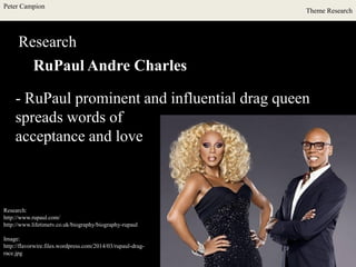 Peter Campion
Theme Research
Research
RuPaul Andre Charles
Research:
http://www.rupaul.com/
http://www.lifetimetv.co.uk/biography/biography-rupaul
Image:
http://flavorwire.files.wordpress.com/2014/03/rupaul-drag-
race.jpg
- RuPaul prominent and influential drag queen
spreads words of
acceptance and love
 