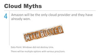 Cloud Myths
4 Amazon will be the only cloud provider and they have
already won.
Data Point: Windows did not destroy Unix.
There will be multiple options with various pros/cons.
 