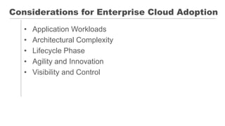 Considerations for Enterprise Cloud Adoption
• Application Workloads
• Architectural Complexity
• Lifecycle Phase
• Agility and Innovation
• Visibility and Control
 