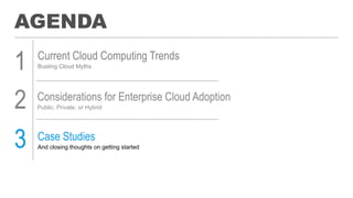 AGENDA
1
2
3
Current Cloud Computing Trends
Busting Cloud Myths
Considerations for Enterprise Cloud Adoption
Public, Private, or Hybrid
Case Studies
And closing thoughts on getting started
 