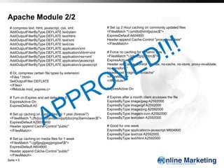 Apache Module 2/2
 # compress text, html, javascript, css, xml:                  # Set up 2 Hour caching on commonly updated files
 AddOutputFilterByType DEFLATE text/plain                      <FilesMatch ".(xml|txt|html|js|css)$">
 AddOutputFilterByType DEFLATE text/html                       ExpiresDefault A604800
 AddOutputFilterByType DEFLATE text/xml                        Header append Cache-Control "proxy-revalidate"
 AddOutputFilterByType DEFLATE text/css                        </FilesMatch>
 AddOutputFilterByType DEFLATE application/xml
 AddOutputFilterByType DEFLATE application/xhtml+xml           # Force no caching for dynamic files
 AddOutputFilterByType DEFLATE application/rss+xml             <FilesMatch ".(php|cgi|pl|htm)$">
 AddOutputFilterByType DEFLATE application/javascript          ExpiresActive Off
 AddOutputFilterByType DEFLATE application/x-javascript        Header set Cache-Control "private, no-cache, no-store, proxy-revalidate,
                                                               no-transform"
 # Or, compress certain file types by extension:               Header set Pragma "no-cache"
 <Files *.html>                                                </FilesMatch>
 SetOutputFilter DEFLATE                                       </IfModule>
 </Files>
 <IfModule mod_expires.c>                                      ExpiresActive On

 # Turn on Expires and set default to 0                        # Expires after a month client accesses the file
 ExpiresActive On                                              ExpiresByType image/jpeg A2592000
 ExpiresDefault A0                                             ExpiresByType image/gif A2592000
                                                               ExpiresByType image/png A2592000
 # Set up caching on media files for 1 year (forever?)         ExpiresByType image/x-icon A2592000
 <FilesMatch ".(flv|ico|pdf|avi|mov|ppt|doc|mp3|wmv|wav)$">   ExpiresByType text/plain A2592000
 ExpiresDefault A29030400
 Header append Cache-Control "public"                          # Good for one week
 </FilesMatch>                                                 ExpiresByType application/x-javascript M604800
                                                               ExpiresByType text/css A2592000
 # Set up caching on media files for 1 week                    ExpiresByType text/html A2592000
 <FilesMatch ".(gif|jpg|jpeg|png|swf)$">
 ExpiresDefault A604800
 Header append Cache-Control "public"
 </FilesMatch>
Seite § 5
 