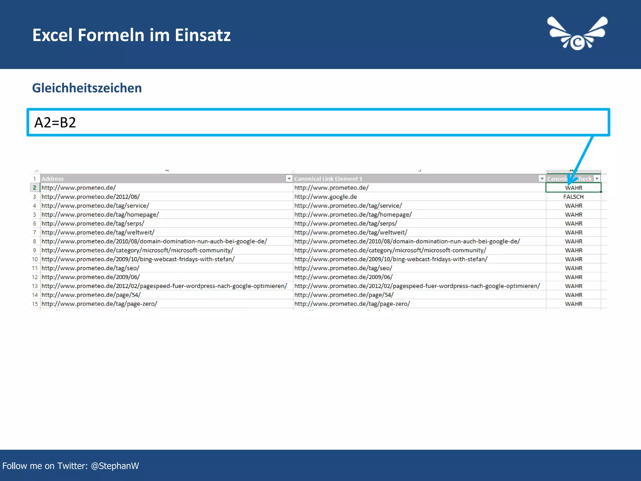 21
Excel Formeln im Einsatz
Gleichheitszeichen
Follow me on Twitter: @StephanW
A2=B2
 