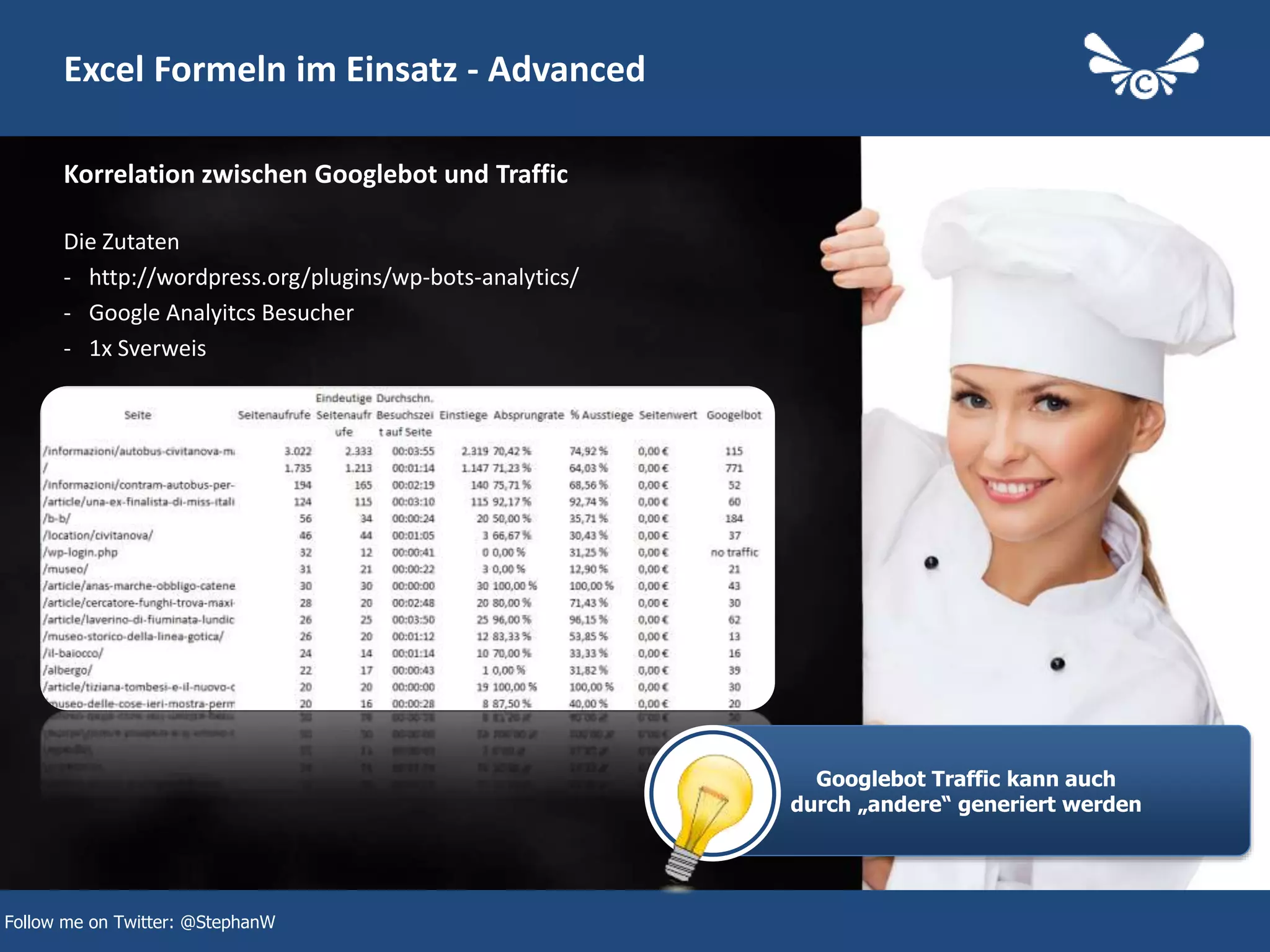 29
Excel Formeln im Einsatz - Advanced
Die Zutaten
- http://wordpress.org/plugins/wp-bots-analytics/
- Google Analyitcs Besucher
- 1x Sverweis
Korrelation zwischen Googlebot und Traffic
Follow me on Twitter: @StephanW
Googlebot Traffic kann auch
durch „andere“ generiert werden
 