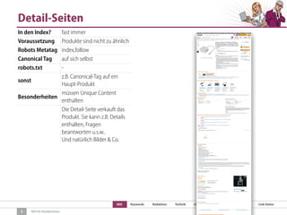 SEO Keywords Redaktion Technik Content Marketing Link-Strategien Link-Detox
SEO für Redaktionen
Detail-Seiten
5
In den Index? fast immer
Voraussetzung Produkte sind nicht zu ähnlich
Robots Metatag index,follow
Canonical Tag auf sich selbst
robots.txt -
sonst
z.B. Canonical-Tag auf ein
Haupt-Produkt
Besonderheiten
müssen Unique Content
enthalten
Die Detail-Seite verkauft das
Produkt. Sie kann z.B. Details
enthalten, Fragen
beantworten u.s.w..
Und natürlich Bilder & Co.
 