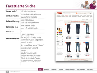 SEO Keywords Redaktion Technik Content Marketing Link-Strategien Link-Detox
SEO für Redaktionen
Facettierte Suche
8
In den Index? höchstens teilweise
Voraussetzung
sinnvolle Kombination mit
ausreichend Portfolio
Robots Metatag
rein: index,follow
raus: z.B. noindex,follow
Canonical Tag
rein: auf sich selbst
raus: z.B. auf Kategorie
robots.txt -
Besonderheiten
Damit facettierte
Suchergebnis in den Index
kommen, müssen sie per Link
erreichbar sein
Auch der Filter„Jeans“ /„Levis“
kann eigenen Content
haben…
Mögliche Automatik:  
1 Auswahlkriterium„index“,  
2 Kriterien“noindex“ oder
„Größen“ immer„noindex“
 