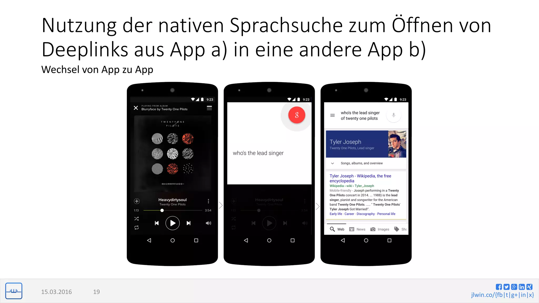 jlwin.co/{fb|t|g+|in|x}
Nutzung der nativen Sprachsuche zum Öffnen von
Deeplinks aus App a) in eine andere App b)
Wechsel von App zu App
15.03.2016 19
 